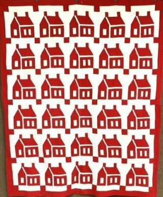 Americana Red C 1900s School House Quilt Vintage " One Room "