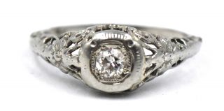 Antique Art Deco Diamond Filigree Engagement Ring 18k White Gold Ring Size 5.  5
