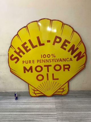 Shell - Penn 100 Motor Oil 5 Feet Die - Cut Porcelain Enamel Gas And Oil Sign