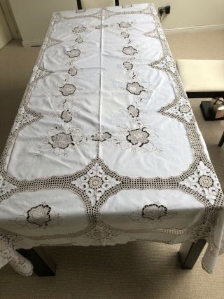 Vintage Extra Large Tablecloth.  Crochet And Embroidered Cut Out Work.