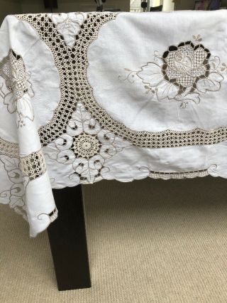 Vintage Extra Large Tablecloth.  Crochet And Embroidered Cut Out Work. 2