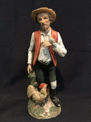 Homco Home Interior Figurine Old Man Farmer With Rooster & Bird 9 1/2 "