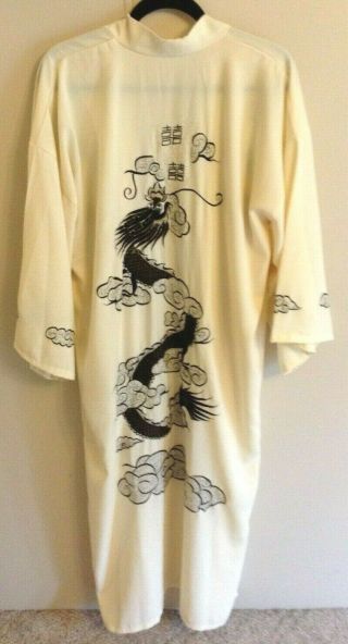 T - Q Trading Ivory Black Dragon Embroidered Silk Kimono Robe Os Craft