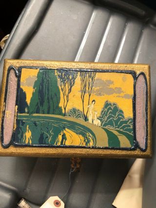 Vintage Antique Art Deco Wooden Painted Jewelry Box W/ Nude Women And Deer