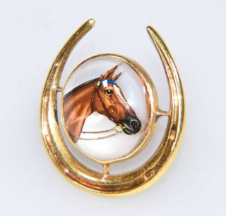 Antique 14k Yellow Gold Reverse Intaglio Essex Crystal Horse Horse Shoe Pin Luck