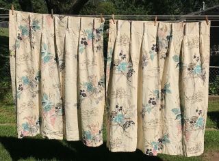 Vintage Barkcloth Drapes Pleated Pink Gray Black Floral 38” X 55” Panel Size