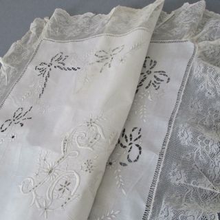 Best Antique Italian Linen Hand Embroidered Pillow Topper Bows Swags Lace Trim