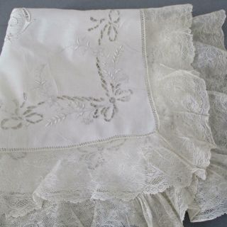 BEST Antique ITALIAN Linen Hand Embroidered Pillow Topper BOWS Swags LACE Trim 2