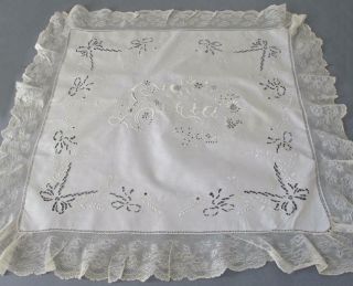 BEST Antique ITALIAN Linen Hand Embroidered Pillow Topper BOWS Swags LACE Trim 3