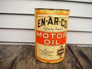 Vintage 5 Quart Enarco En - Ar - Co Motor Oil Can National Refining Clevland Ohio