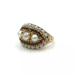 14k Gold Victorian Rose Cut Garnet And Pearl Halo Cocktail Ring Size 6 885b - 9