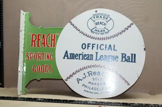 Rare Reach Sporting Goods Baseball 2 - Sided Flange Porcelain Metal Sign Gas Oil