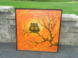 Vtg Mcm Retro C Roberts Orange Brown Owl Tree Canvas Oil Painting Signed 37 "