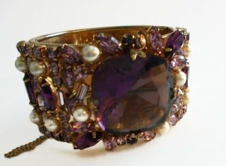 Hobe Vintage Signed Purple Rhinestone And Faux Pearl Chunky Hinged Bracelet