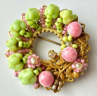Signed Miriam Haskell Vintage Lime Green Pink Peking Glass Flower Brooch Pin 33
