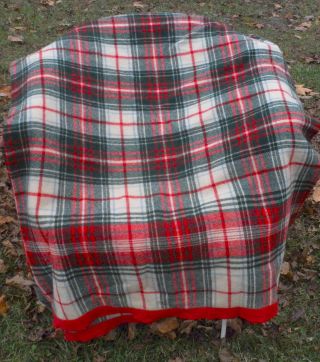 Vintage Tartan Wool Blanket Red,  Green Cream 68 " X 152 " Long Red Cotton Binding