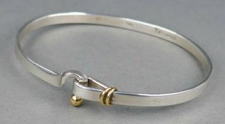 Fine Vtg Tiffany & Co 750 18k Yellow Gold Sterling Silver Hook Bangle Bracelet