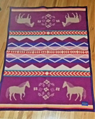 Vtg Pendleton Wool Crib Lap Blanket Horses Reversible Southwest Design Usa