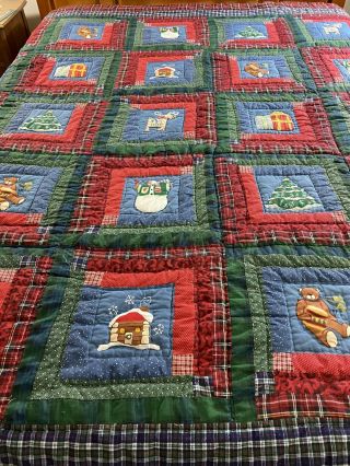 Vintage Hand Quilted Log Cabin Christmas Quilt 97 " X 87