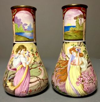 Pair Antique Art Nouveau Hand Painted Enameled Brass Vase Limoges/mucha Woman