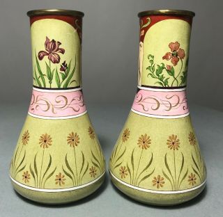 Pair Antique Art Nouveau Hand Painted Enameled Brass Vase Limoges/Mucha Woman 2