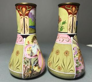 Pair Antique Art Nouveau Hand Painted Enameled Brass Vase Limoges/Mucha Woman 3