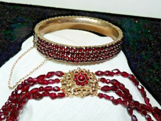 2pc Antique Bohemian Cut Garnet 4 Row Bangle Strand Beads Necklace Floral Clasp
