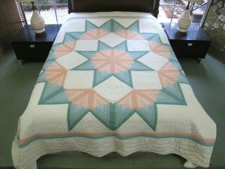 Large Vintage Beautifully Hand Quilted Dated 1987 & Signed Bursting Star Quilt