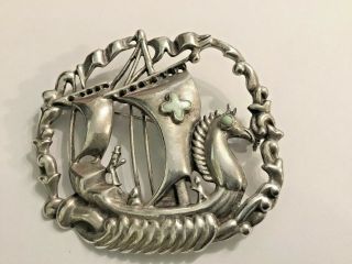 Vintage Sterling Silver Viking Ship Brooch Mexico Turquoise Accents Estate Fresh
