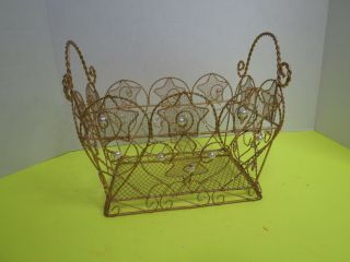 Vintage Gold Metal Wire Basket Distressed Gold Stars And Pearl Design