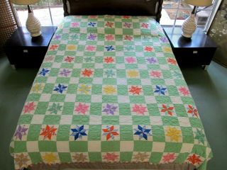 Vintage Hand Pieced & Quilted Feed Sack Lemoyne Star Quilt,  Triangle Edges; Full