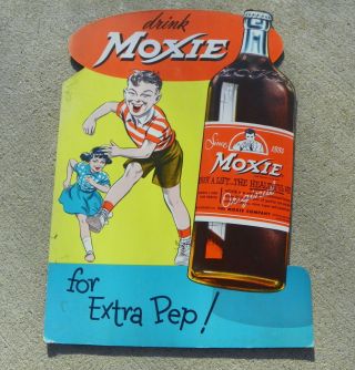 Moxie Beverage Vintage Soda Cardboard Sign With Running Children