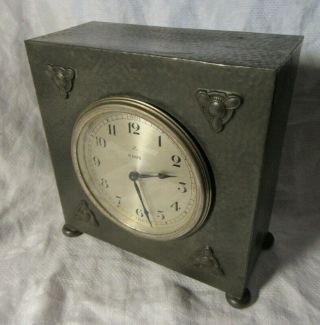 Vintage Pewter 8 Day Mantel Clock - Arts And Crafts Design By Warric