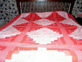 Vintage Handmade Patchwork Red Hearts Quilt Queen/ King Thick 100 " X 89 "