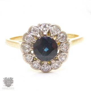 Antique Australian 18k Gold Natural Blue Sapphire & Diamond Halo Ring