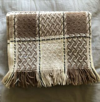 Vintage Pendleton Wool Throw Blanket Fringe Plaid Textured Brown 60”x70