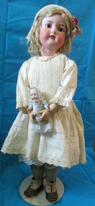 Big & Antique German Bisque Head Doll,  Am390 & Her Baby Doll