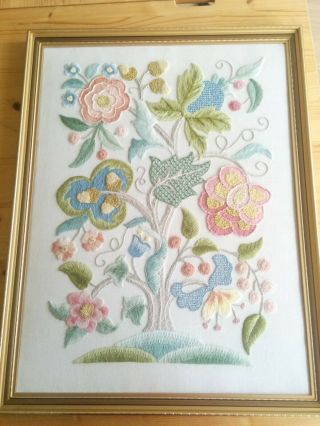 Jacobean Style Floral Crewel Work Embroidery Wool Tapestry Panel Tree Of Life.