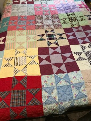 Vintage 1940’s Hand Stitched Colorful Feed Sack Cutter Quilt 64”x74”