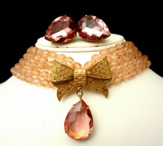 Rare Vintage Signed Miriam Haskell Pink Crystal Glass Bow Necklace & Earring Set