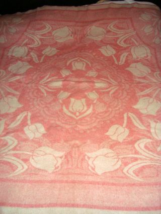 Vintage Orr Health 100 Wool Reversible Pink Cream Rose Floral Blanket Ohio