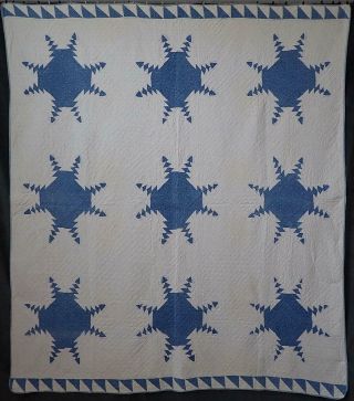 Antique C1880 Indigo Blue Feathered Star Quilt Flying Geese Border 86x75 "