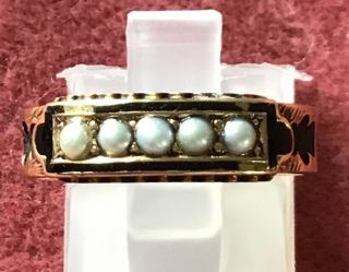Victorian 15ct Gold Pearl Enamel & Hair Mourning Ring - Size N 1/2 - Chester 1882