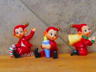 3 Vintage Christmas Pixie Elf Figurines - Bell,  Candle,  Candy Cane Japan