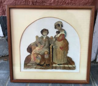 Early 19th Century Painted Silk & Embroidery Of A Family Group Mounted & Framed