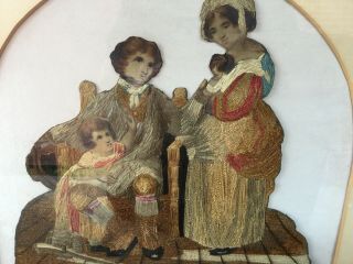 Early 19th Century Painted Silk & Embroidery of a Family Group Mounted & Framed 3
