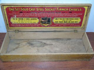 Antique Wooden Advertising Box Firmer Chisels Hibbard,  Spencer,  Bartlett & Co