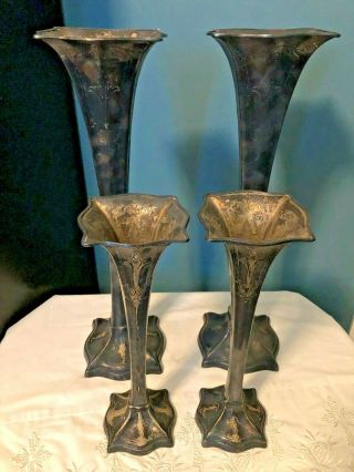 Extremely Rare Antique Set Of 4 Art Nouveau Meriden International Silver Vases