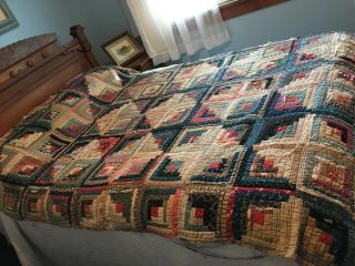 Antique Primitive Log Cabin Quilt 78” X 65” Old Red Blue Fabric,  Tattered Cutter