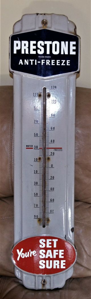 Vintage Prestone Anti - Freeze Gas Oil Metal Thermometer Sign